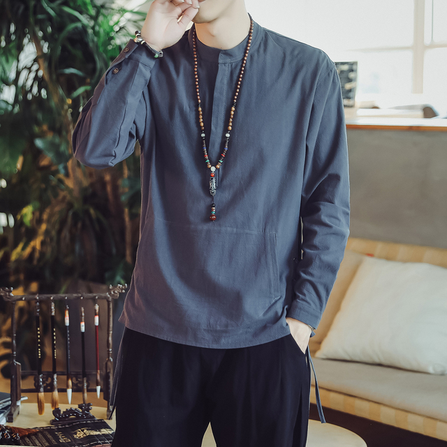 Autumn Chinese Style Men's Cotton and Linen Long-sleeved T-shirt Hanfu Lay Buddhist Meditation Clothes Tide Brand Shirt Top