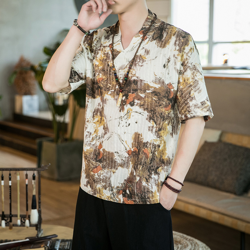 Men's Retro Floral Cotton Linen Short Sleeve T-Shirt Buddhist Layman Hanfu Men's Shirt Short Sleeve Streetwear Oversized