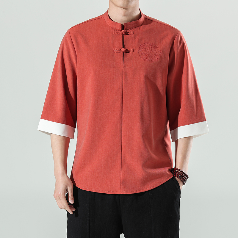 Chinese Style Mens Tops Tang Suit Linen Half Sleeve Solid Traditional Kung Fu China Style Hanfu Shirt Plus Size