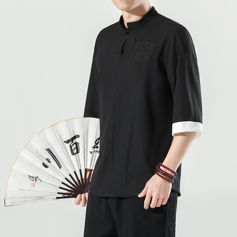 Chinese Style Mens Tops Tang Suit Linen Half Sleeve Solid Traditional Kung Fu China Style Hanfu Shirt Plus Size