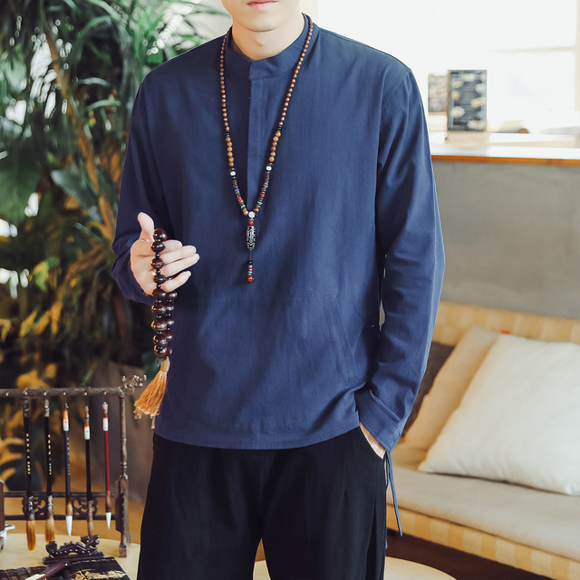 Autumn Chinese Style Men's Cotton and Linen Long-sleeved T-shirt Hanfu Lay Buddhist Meditation Clothes Tide Brand Shirt Top