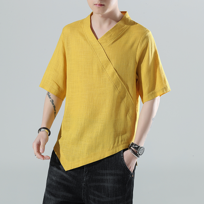 Mens Chinese Style Summer Fashion Thin Cotton Linen Short Sleeve Shirt 2022 Irregular Cut Harajuku Plus Size Casual Top